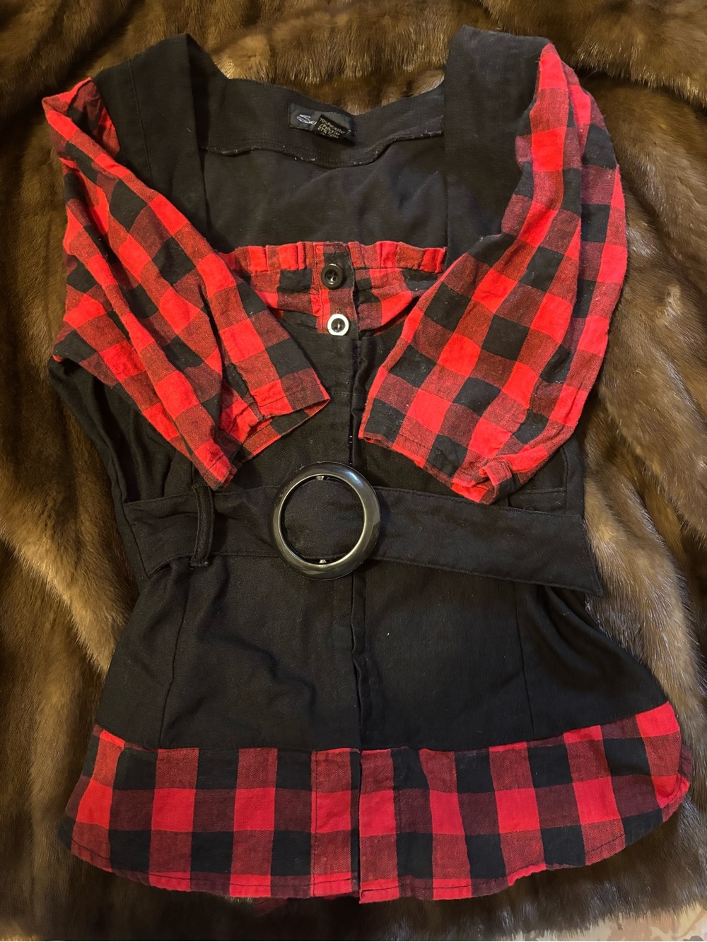 Vintage Seductions Red and Black Plaid Snatching Baby Doll Corset Top W/ Belt